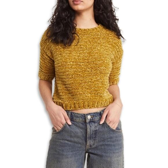 Open Edit Loose Crop Sweater Knit Texture Short Sleeves Olive/Gold Women's S NWT - Picture 1 of 10